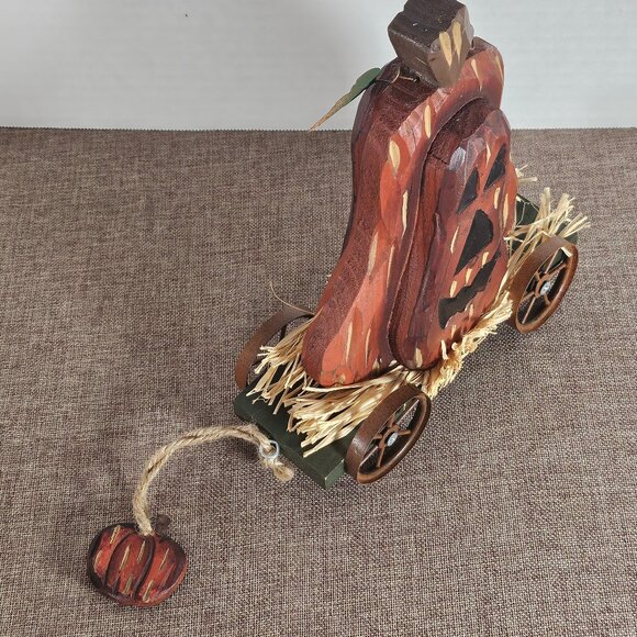 Primitive Wood Jack O Lantern On Green Hay Rack Wagon Cart. Pull-Along - Picture 6 of 10